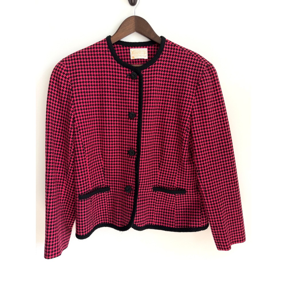Vtg Pendleton Virgin Wool Blazer Pink Black Houndstooth Jacket USA Made Size 10
